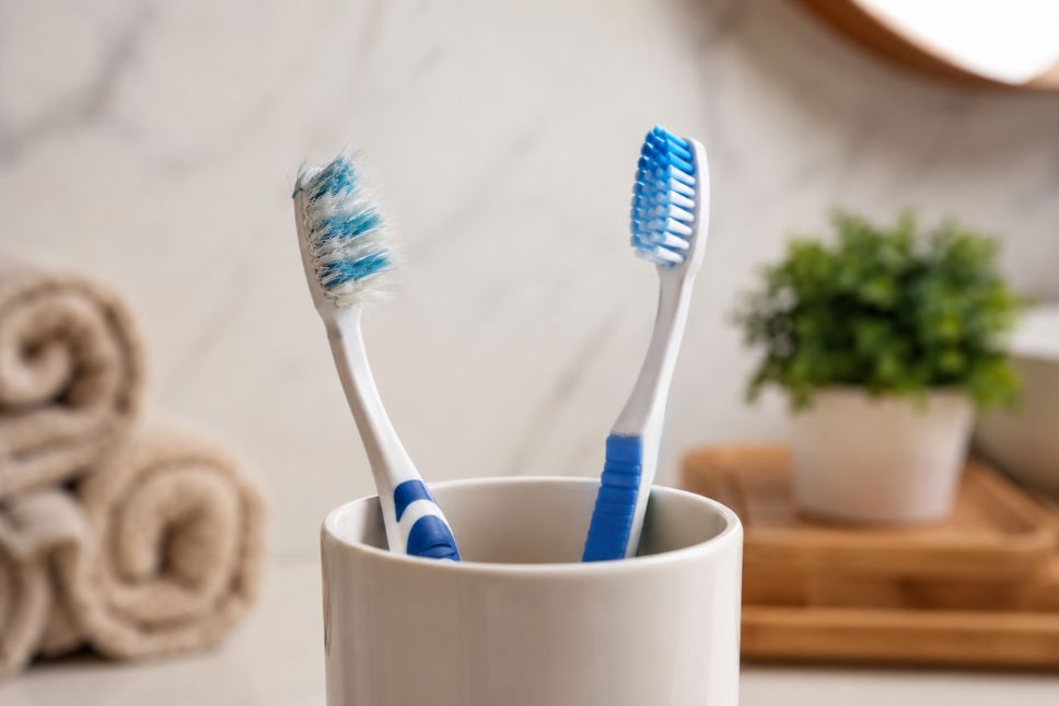 Cepillo de dientes nuevo vs usado mostrando la importancia de cambiar de cepillo de dientes regularmente.